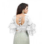 Generic Women's Organza Solid V Neck Layered Ruffle Sleeve Readymade Blouse (White Free Size , up to 38â€“40 Bust)-PID65859