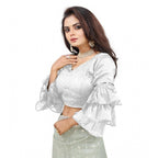 Generic Women's Organza Solid V Neck Layered Ruffle Sleeve Readymade Blouse (White Free Size , up to 38â€“40 Bust)-PID65859