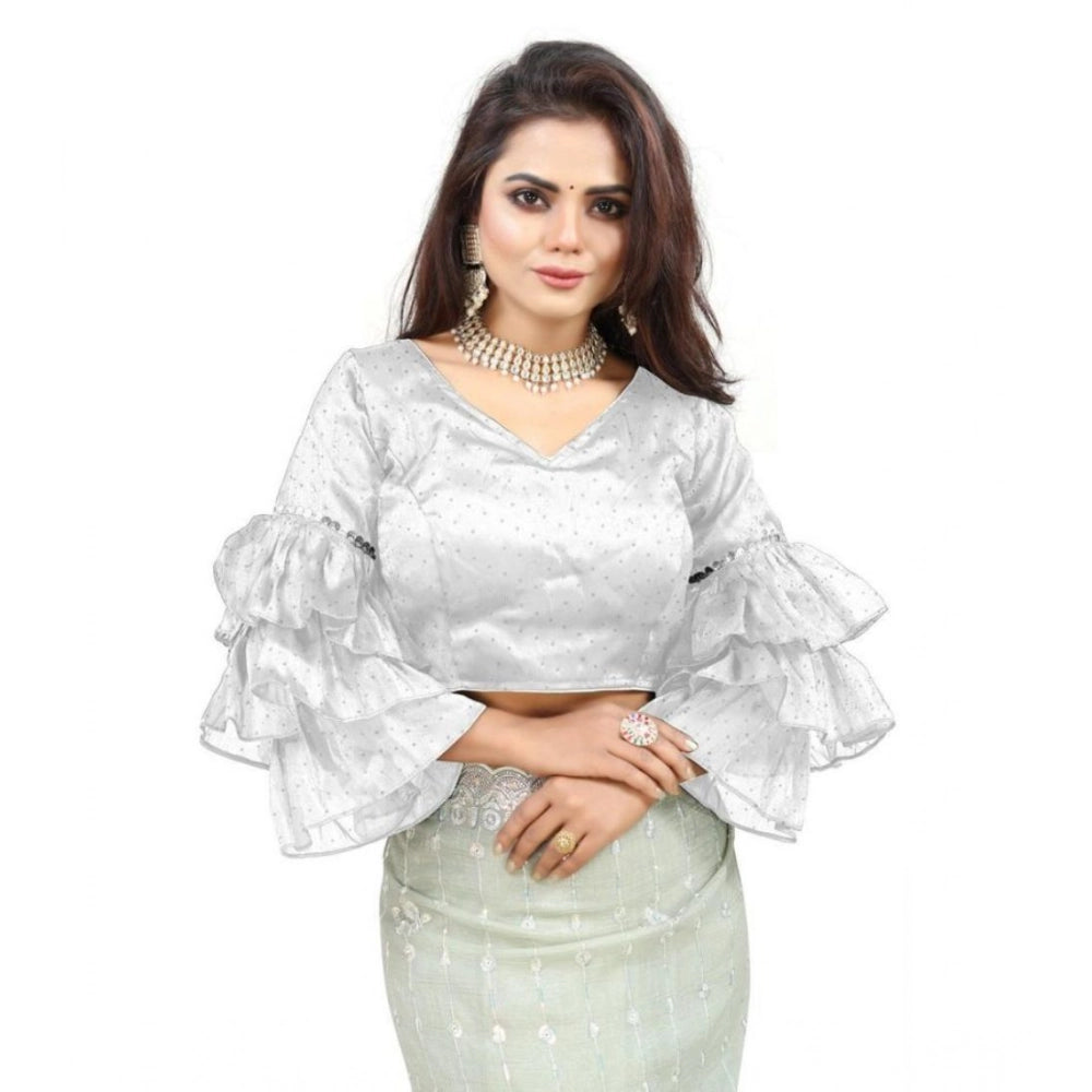 Generic Women's Organza Solid V Neck Layered Ruffle Sleeve Readymade Blouse (White Free Size , up to 38â€“40 Bust)-PID65859
