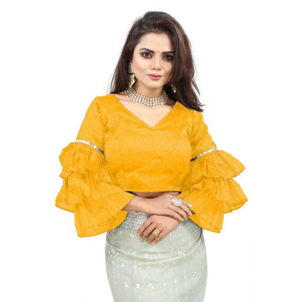 Generic Women's Organza Solid V Neck Layered Ruffle Sleeve Readymade Blouse (Yellow Free Size , up to 38â€“40 Bust)-PID65860