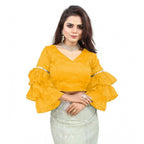Generic Women's Organza Solid V Neck Layered Ruffle Sleeve Readymade Blouse (Yellow Free Size , up to 38â€“40 Bust)-PID65860