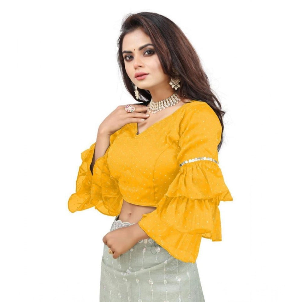 Generic Women's Organza Solid V Neck Layered Ruffle Sleeve Readymade Blouse (Yellow Free Size , up to 38â€“40 Bust)-PID65860
