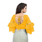 Generic Women's Organza Solid V Neck Layered Ruffle Sleeve Readymade Blouse (Yellow Free Size , up to 38â€“40 Bust)-PID65860