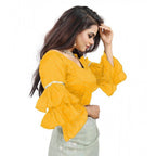 Generic Women's Organza Solid V Neck Layered Ruffle Sleeve Readymade Blouse (Yellow Free Size , up to 38â€“40 Bust)-PID65860