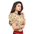  Women's Organza Printed V Neck Puff Sleeve Readymade Blouse (Beige 38 , Alterable up to 42)-PID65861