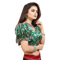  Women's Organza Printed V Neck Puff Sleeve Readymade Blouse (Green 38 , Alterable up to 42)-PID65863