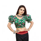 Generic Women's Organza Printed V Neck Puff Sleeve Readymade Blouse (Green 38 , Alterable up to 42)-PID65863
