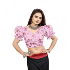 Generic Women's Organza Printed V Neck Puff Sleeve Readymade Blouse (Light_Pink 38 , Alterable up to 42)-PID65864