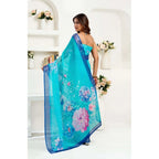 Generic Women's Faux Linen Floral Print Ready to wear Saree With Unstitched Blouse 5.5Mtr (Light_AquaBlue)