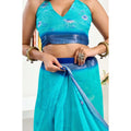  Women's Faux Linen Floral Print Ready to wear Saree With Unstitched Blouse 5.5Mtr (Light_AquaBlue)