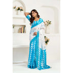 Generic Women's Faux Linen Leaf Print Ready to wear Saree With Unstitched Blouse 5.5Mtr (SkyBlue &amp; White)
