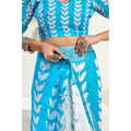  Women's Faux Linen Leaf Print Ready to wear Saree With Unstitched Blouse 5.5Mtr (SkyBlue &amp;amp; White)