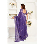 Generic Women's Faux Linen Geometric Print Ready to wear Saree With Unstitched Blouse 5.5Mtr (Purple)