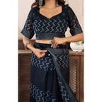 Generic Women's Faux Linen Geometric Print Ready to wear Saree With Unstitched Blouse 5.5Mtr (Black)