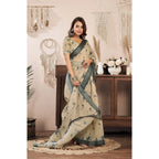 Generic Women's Faux Linen Floral Print Ready to wear Saree With Unstitched Blouse 5.5Mtr (LightBeige)