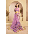Generic Women's Faux Linen Floral Ready to wear Saree With Unstitched Blouse 5.5Mtr (Lavender)