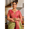  Women's Silk Blend Booti Work Ready to wear Saree With Unstitched Blouse 5.5Mtr (Green)