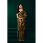 Generic Women's Net Sequence Saree With Unstitched Blouse 5.5Mtr (Mahendi)