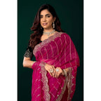 Generic Women's Net Sequence Saree With Unstitched Blouse 5.5Mtr (Pink)