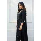Generic Women's Georgette Ethnic Motif Round 3/4th Sleeve Kurti With Pant Dupatta Set (Black)