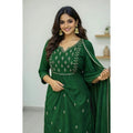  Women's Georgette Ethnic Motif Round 3/4th Sleeve Kurti With Pant Dupatta Set (Green)