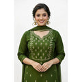  Women's Georgette Ethnic Motif Round 3/4th Sleeve Kurti With Pant Dupatta Set (Mahendi)