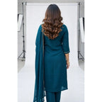 Generic Women's Georgette Ethnic Motif Round 3/4th Sleeve Kurti With Pant Dupatta Set (Teal)