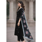 Generic Women's Chanderi Silk Ethnic Motif V-Neck 3/4th Sleeve Kurti With Pant Dupatta Set (Black)