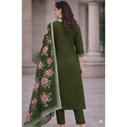Generic Women's Chanderi Silk Ethnic Motif V-Neck 3/4th Sleeve Kurti With Pant Dupatta Set (Mahendi)