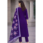 Generic Women's Chanderi Silk Ethnic Motif V-Neck 3/4th Sleeve Kurti With Pant Dupatta Set (Purple)