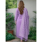 Generic Women's Chanderi Silk Ethnic Motif Round 3/4th Sleeve Kurti With Pant Dupatta Set (Lavender)