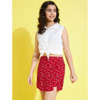 Generic Girl's Polyester Lurex Printed Sleeveless Skorts Set (White-Red)