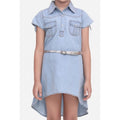  Girl's Denim Hi Lo Short Sleeve Dress with Belt (Blue)