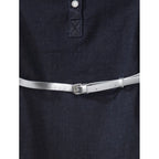Generic Girl's Denim Lycra Ribbed Elasticated Dress with Belt (Navy Blue-White)