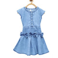  Girl's Denim Embellished Cap Sleeve bow Dress (Light Blue)