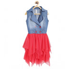 Generic Girl's Denim Roll Up Buttoned Dress (Blue-Red)