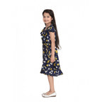 Generic Girl's Polyester Crepe Polka Cold Shoulder Dress (Navy Blue)