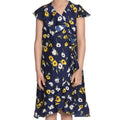  Girl's Polyester Crepe Polka Cold Shoulder Dress (Navy Blue)