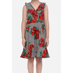 Generic Girl's Polyester Crepe Floral Shoulder Straps Dress (Red)