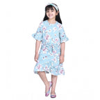 Generic Girl's Polyester Crepe Floral Bell Sleeve Dress (Turquoise Blue)