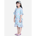  Girl's Polyester Crepe Floral Bell Sleeve Dress (Turquoise Blue)