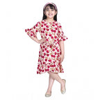 Generic Girl's Polyester Crepe Floral Bell Sleeve Dress (Red-Pink)