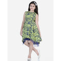  Girl's Polyester Crepe &amp;amp; Net Printed Sleeveless Dress (Yellow-Blue)