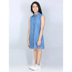 Generic Girl's Denim Solid Cold Shoulder Dress (Blue)