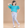  Girl's Cotton Lycra Floral Elasticated Jeggings (White-Turquoise Blue)