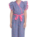  Girl's Cotton Striped Flutter Jumpsuit (Blue-Pink)