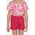  Girl's Cotton Floral Cold Shoulder Top and Shorts Set (Pink-Red)