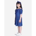  Girl's Denim Solid Cold Shoulder Top and Skirt Set (Navy Blue)