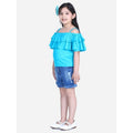  Girl's Rayon Solid Cold Shoulder Top with Shorts (Blue)