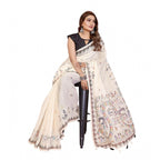 Generic Women's Linen Cotton Printed Saree With Unstitched Blouse 5.5Mtr (Off White)